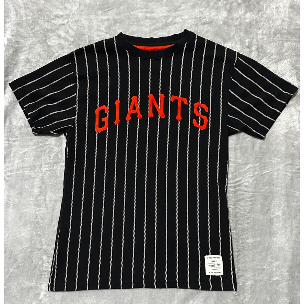 San Francisco Giants Shirt Men Large Pinstripes Mitchell & Ness Crew Neck Cotton